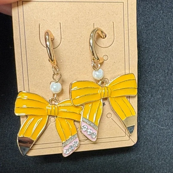 Yellow Bow Pencil Earrings and Pencil Bracelet Set - Picture 4 of 5
